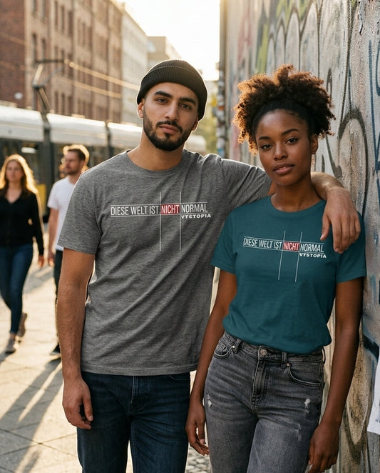 Ein Mann hat seinen Arm über die Schulter einer Frau gelegt. Beide lehnen leger an einer Graffiti Wand und tragen das T-Shirt mit dem Print "Diese Welt ist nicht normal. Vystopia"