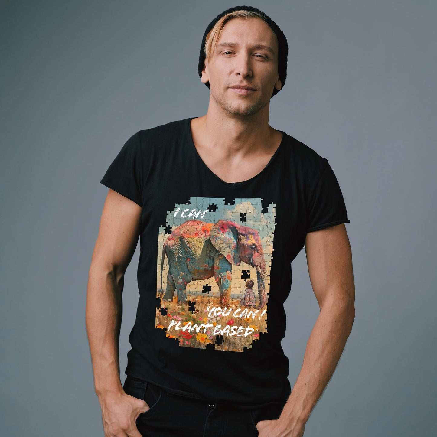 Motiv "plant based elephant" - Herren Bio T-Shirt V-Ausschnitt