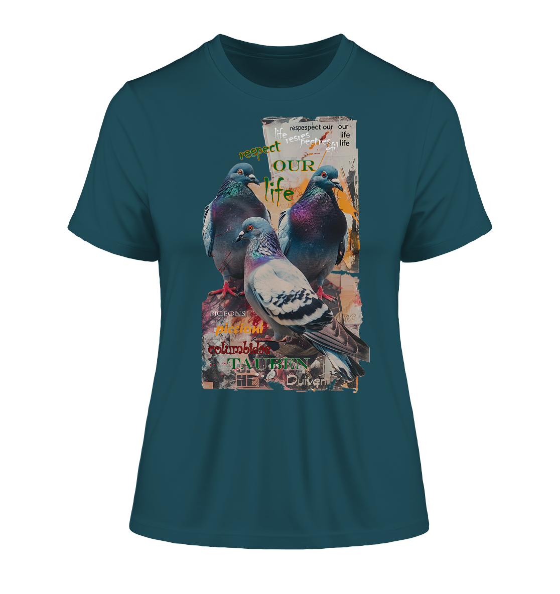 Motif "respect our life - pigeons" - tight-fitting women's organic T-shirt