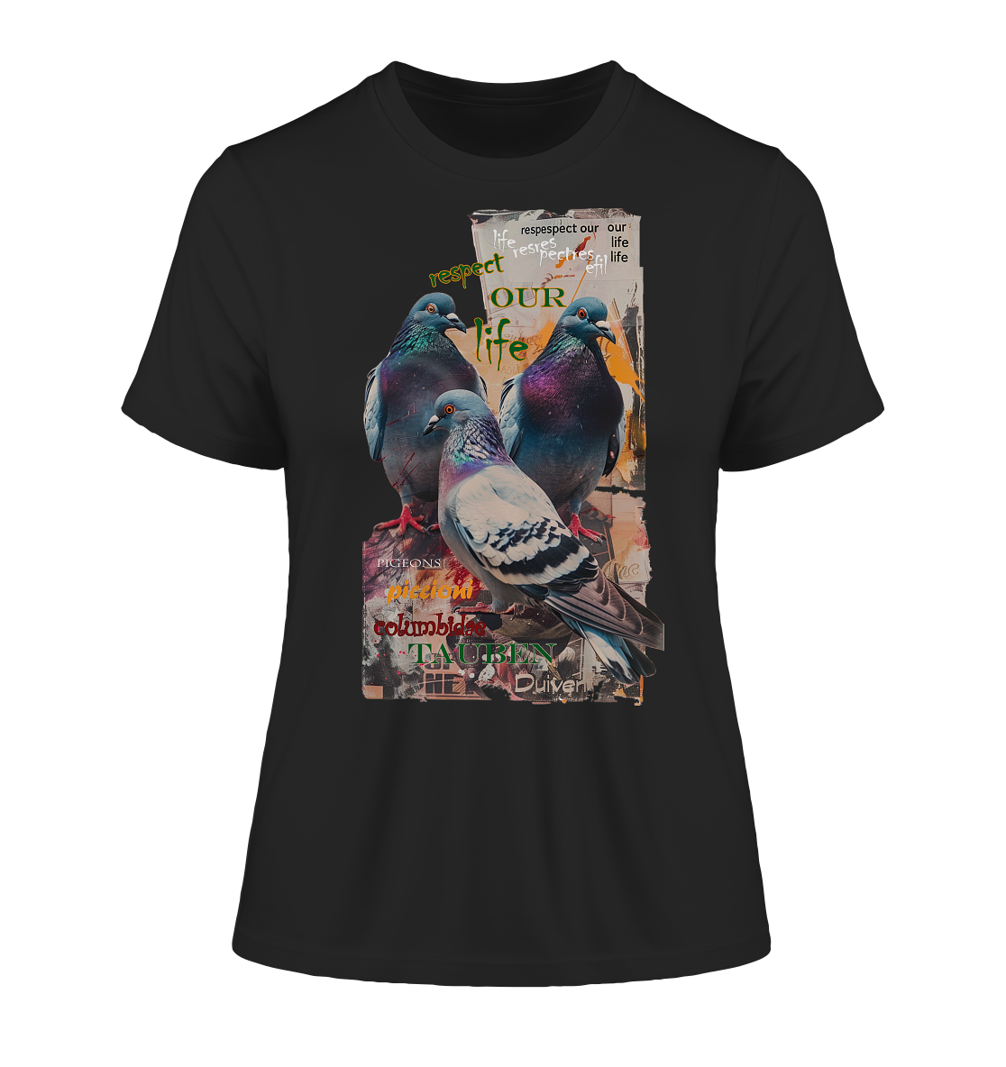 Motif "respect our life - pigeons" - tight-fitting women's organic T-shirt
