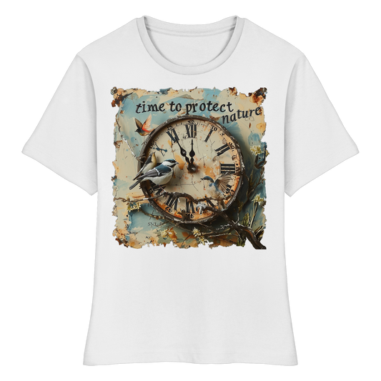 vegwear "time to protect nature" - eng geschnittenes Damen T-Shirt, nachhaltige Mode