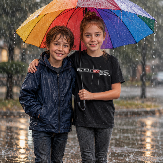 Kinder unter einem bunten Regenschirm im starken Regen. Das Mädchen trägt ein schwarzes T-Shirt mit dem Print "Diese Welt ist nicht normal. Vystopia".