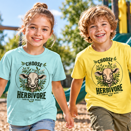 Ein Junge und ein Mädchen auf einem Spielplatz. Beide tragen das T-Shirt mit dem Print choose herbivore, thrive far more.