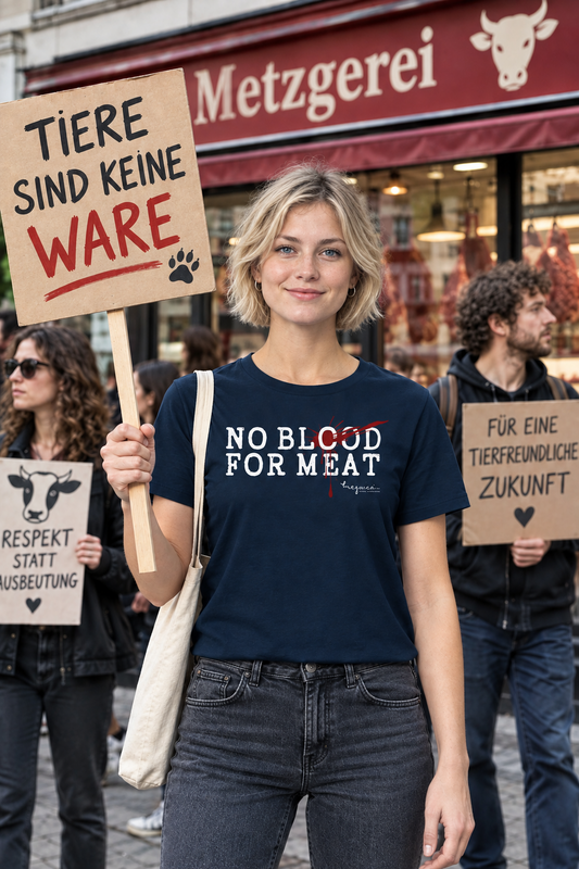 Blonde junge Frau steht mit anderen Mitstreitern vor einer Metzgerei und protestiert mit Schildern "Tiere sind keine Ware", "Respekt statt Ausbeutung", "für eine tierfreundliche Zukunft". Die Frau trägt ein veganes T-Shirt mit dem Aufdruck "no blood for meat"