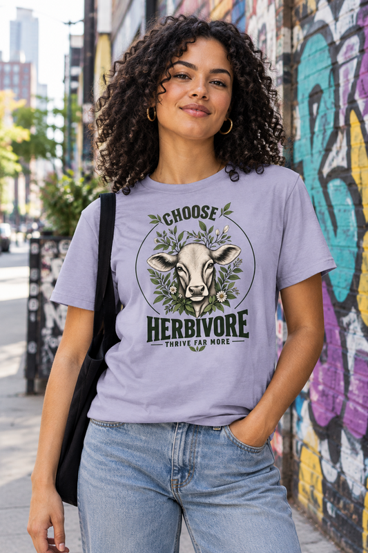 weibliches Model mit dunklen Locken trägt ein fliederfarbenes T-Shirt mit dem Print choose herbivore thrive far more neben einer Backsteinwand mit Grafiti