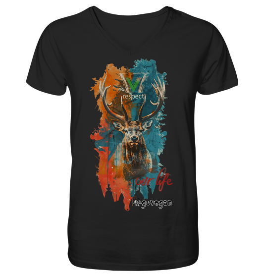Motiv "respect our life, go vegan" - Herren Bio T-Shirt V-Ausschnitt