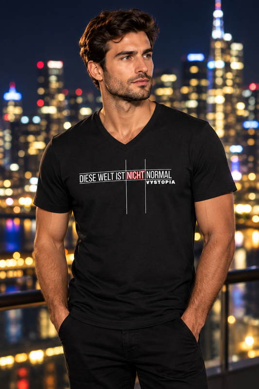 Männliches Model trägt ein schwarzes T-Shirt mit V-Ausschnitt mit dem Print "Diese Welt ist nicht normal , Vystopia." Im Hintergrund die Lichter einer Skyline voller Wolkenkratzer.