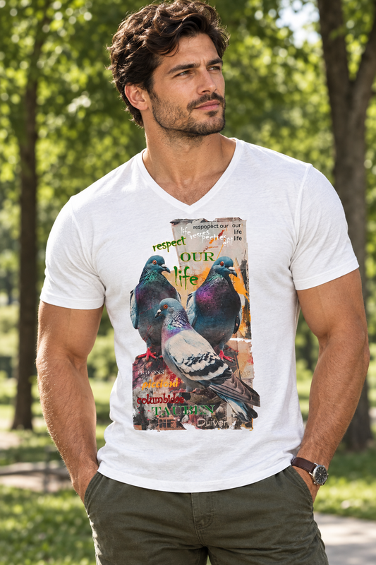 muskulöser bärtiger Mann im Park trägt ein weißes T-Shirt mit dem Aufdruck von drei Tauben und dem Slogan "respect our life - Tauben"