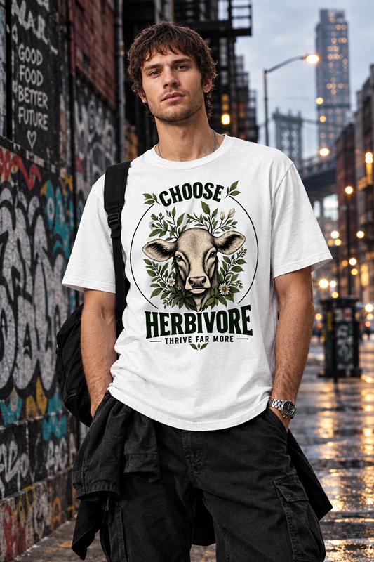 cooles männliches Model mit einem Rucksack über einer Schulter gehängt in einer New Yorker Straße trägt ein weißes T-shirt mit dem Print choose herbivore, thrive far more.