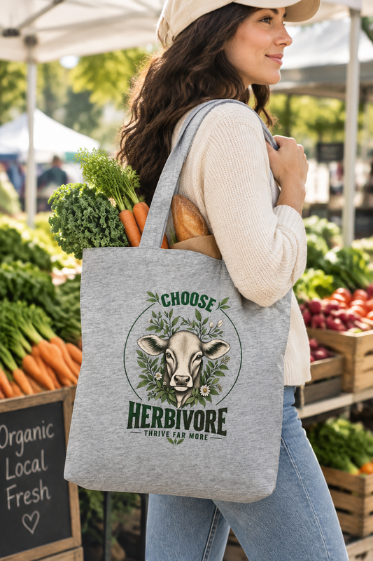 Eine Frau auf dem Wochenmarkt trägt die Stoff Einkaufstasche mit dem Print choose herbivore, thrive far, more.