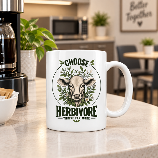 eine weiße Tasse in Nahaufnahme im Pausenraum eines Büros. Auf der Tasse der Print choose herbivore, thrive far more.