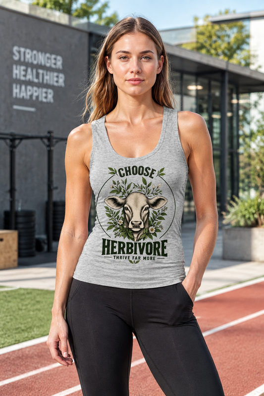 weibliches Model trägt Tank Top mit dem Print choose herbivore, threive far more. Sie steht auf der Tartanrennbahn. Im Hintergrund ein Gebäude mit der Aufschrift stronger, healthier, happier.