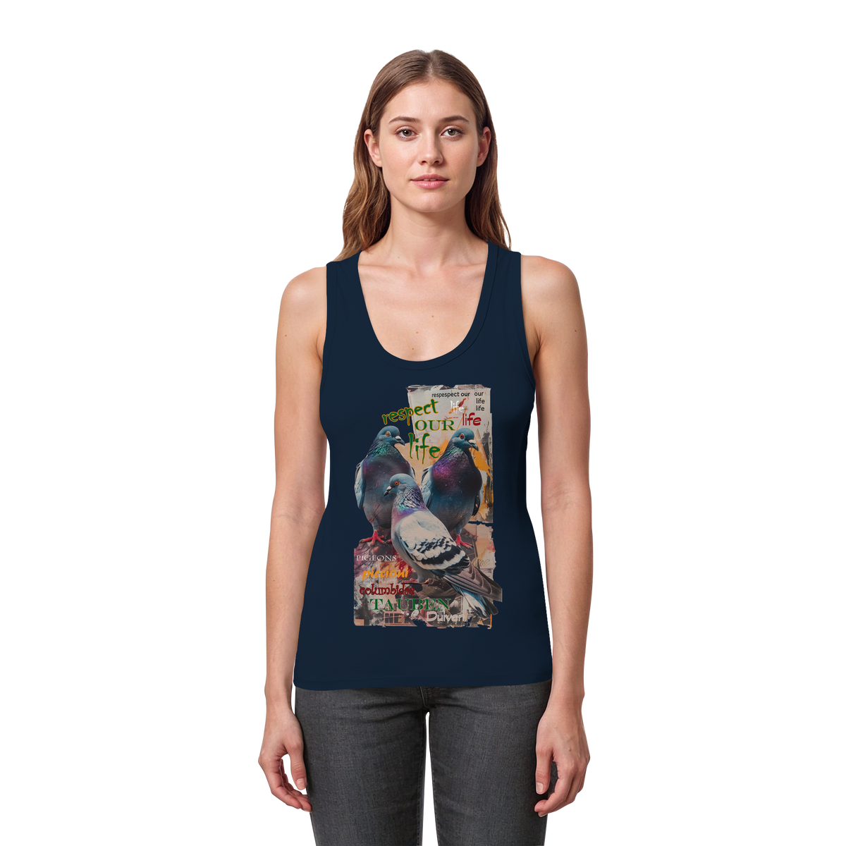 veganes fitted Damen Tank Top - "respect our life - Tauben" - Bio-Baumwolle - vegwear