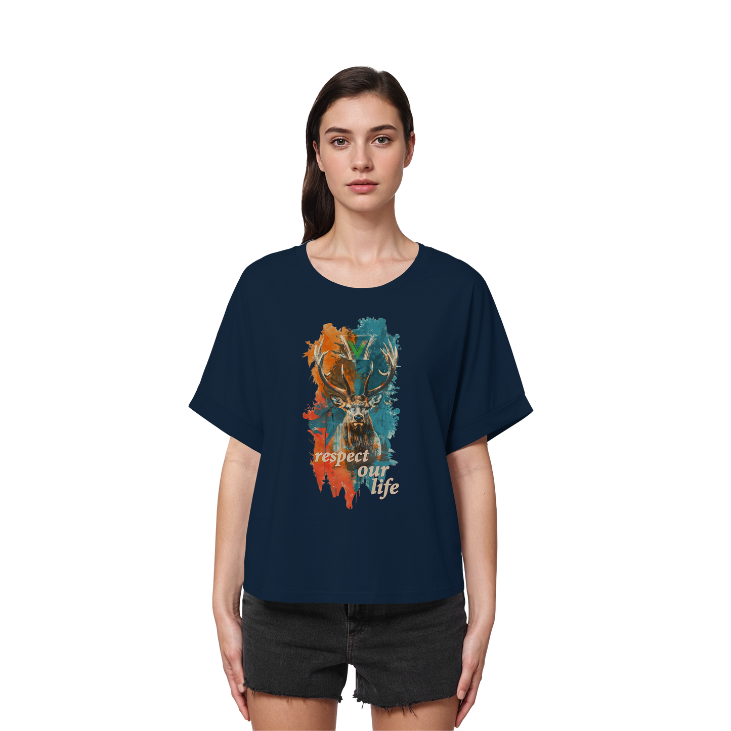 vegwear "respect our life - Hirsch" - oversized Damen T-Shirt mit Fledermausärmel, bio, vegan, fair