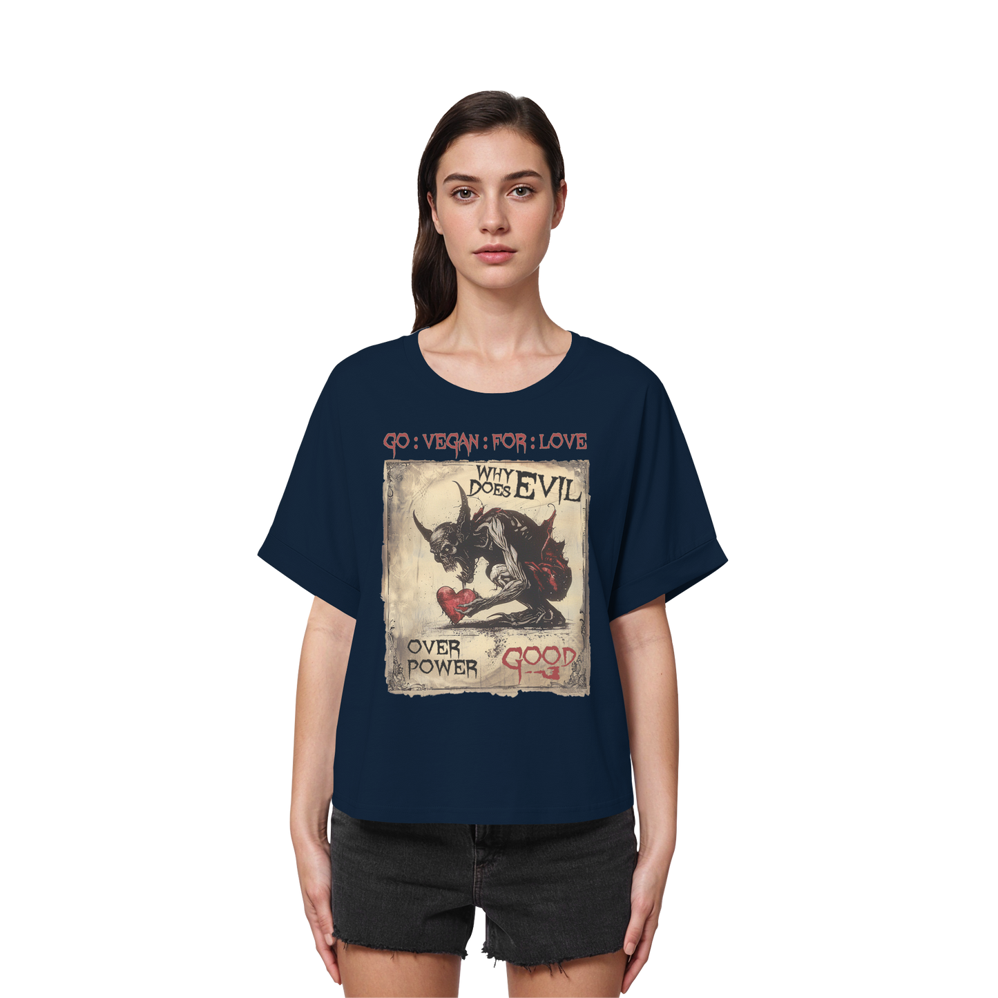 vegwear "why does evil" - oversized Damen Bio T-Shirt mit Fledermausärmel