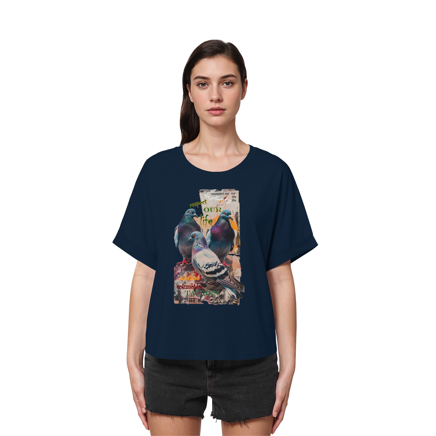 vegwear "respect our life - Tauben - oversized Damen Bio T-Shirt mit Fledermausärmel