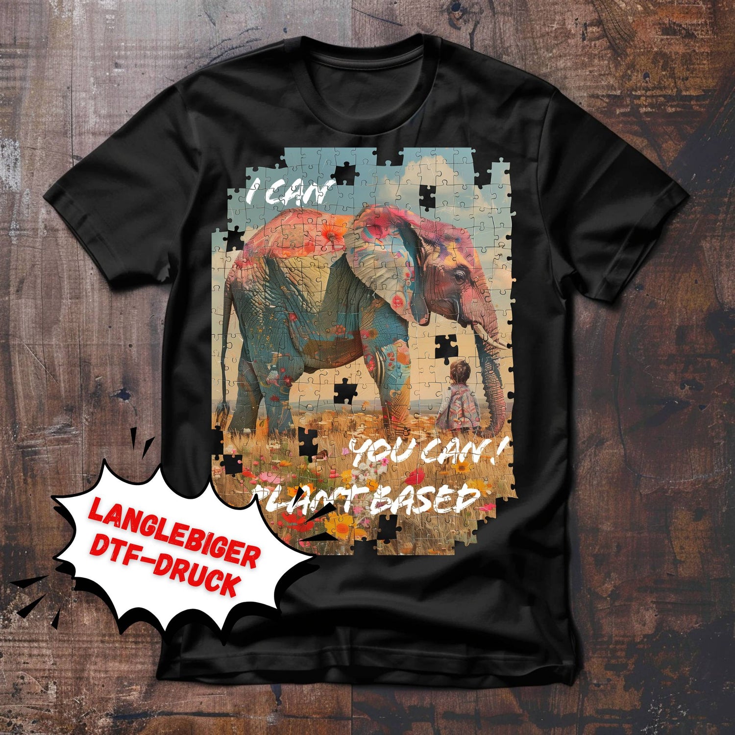 Bild eines nicht vollständig zusammen gesetzten Puzzles. Großer Elefant und kleines Kind auf einer Blumenwiese. Slogan I can you can, plantbased.