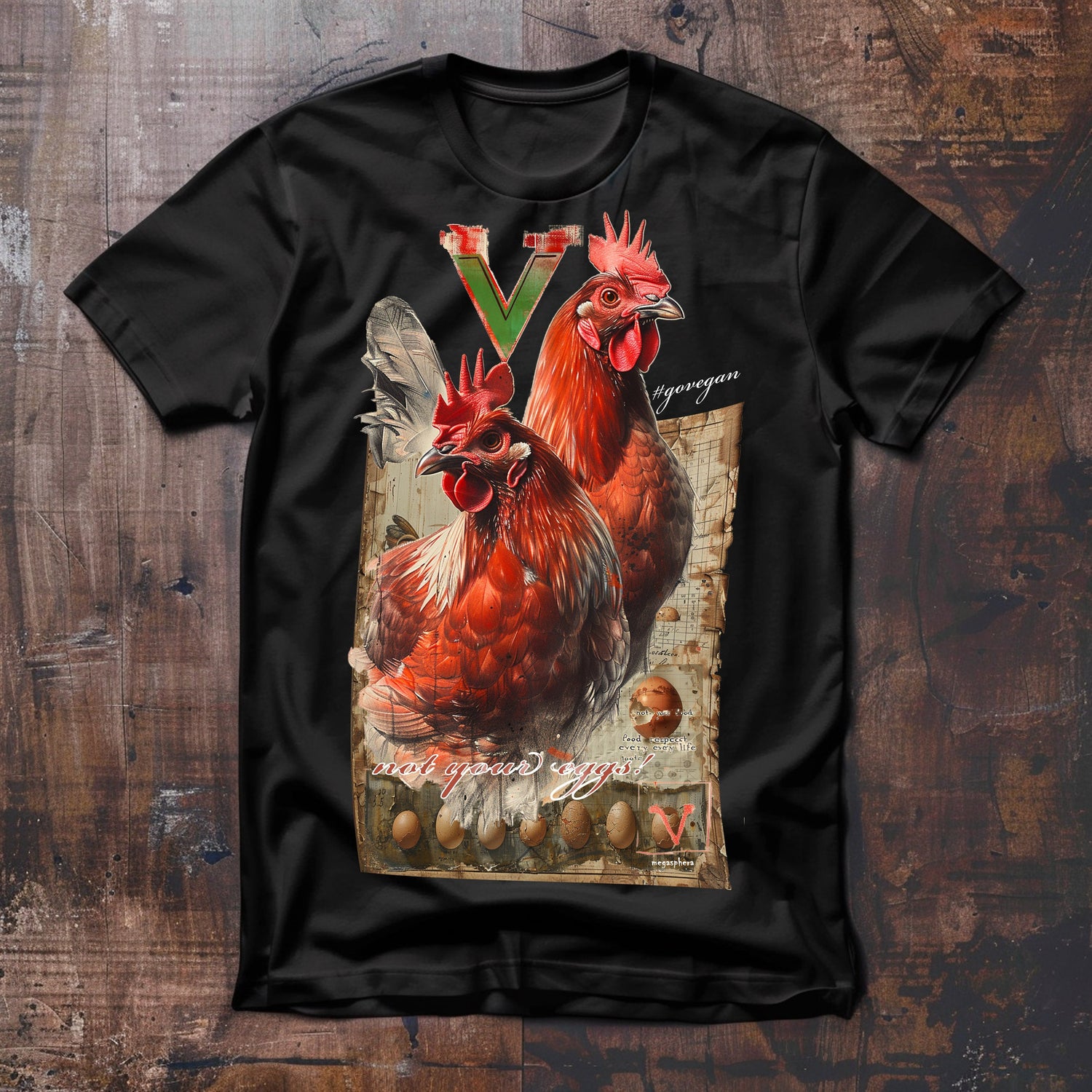 Collage von zwei stolzen, rotgefiederten Hühner, die über angebrochene Eiern blicken. Slogan not your eggs. Grünes V für vegan über dem Bild. 