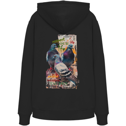 veganer unisex Hoodie / Kapuzenpulli - "respect our life - Tauben" - Bio-Baumwolle - vegwear