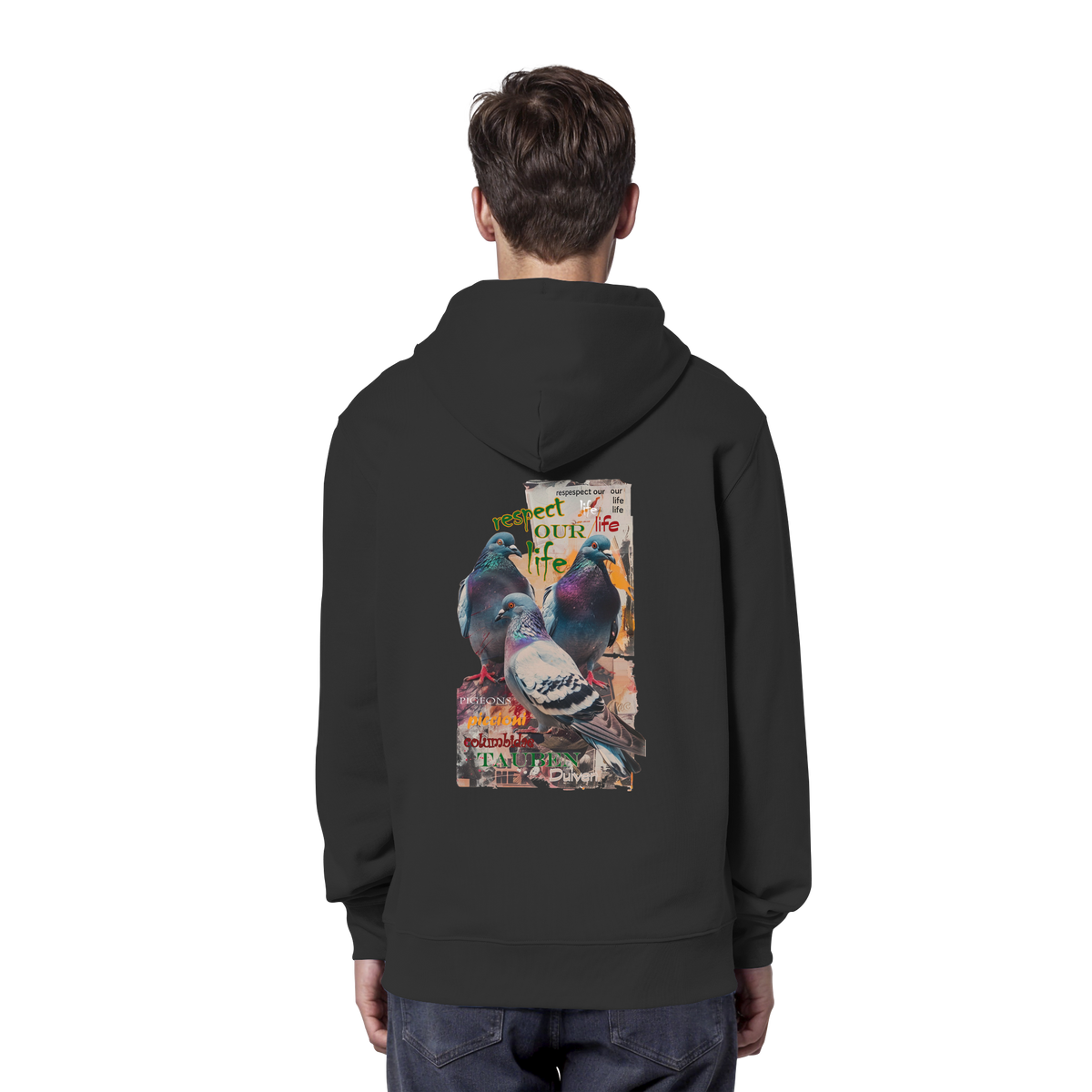veganer unisex Hoodie / Kapuzenpulli - "respect our life - Tauben" - Bio-Baumwolle - vegwear