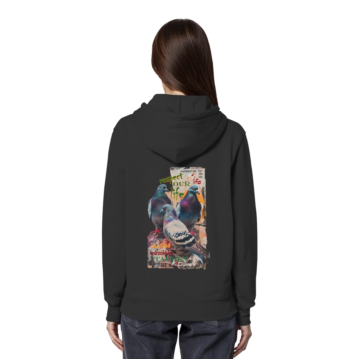 veganer unisex Hoodie / Kapuzenpulli - "respect our life - Tauben" - Bio-Baumwolle - vegwear