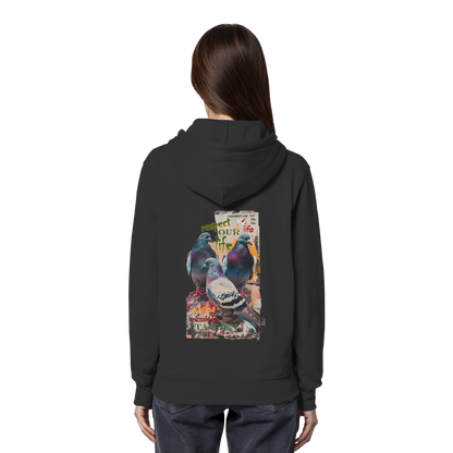 veganer unisex Hoodie / Kapuzenpulli - "respect our life - Tauben" - Bio-Baumwolle - vegwear