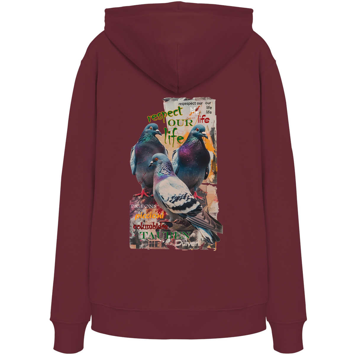 veganer unisex Hoodie / Kapuzenpulli - "respect our life - Tauben" - Bio-Baumwolle - vegwear