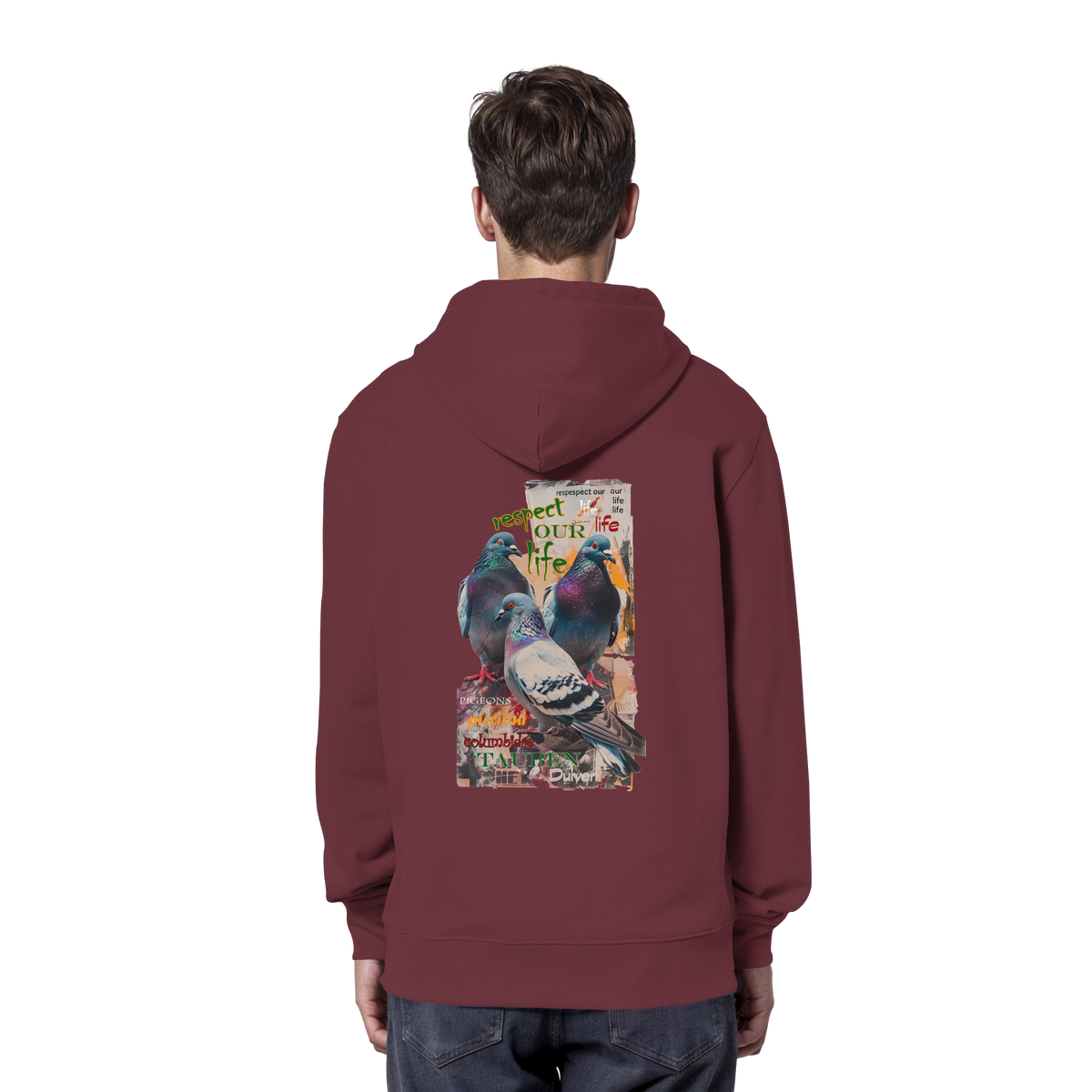 veganer unisex Hoodie / Kapuzenpulli - "respect our life - Tauben" - Bio-Baumwolle - vegwear