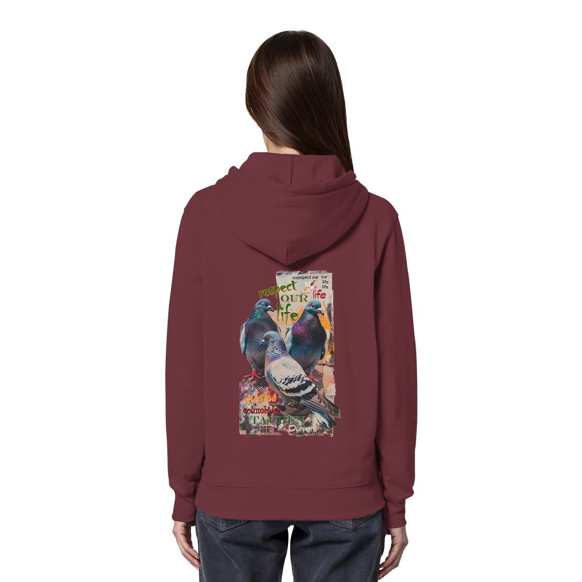 veganer unisex Hoodie / Kapuzenpulli - "respect our life - Tauben" - Bio-Baumwolle - vegwear