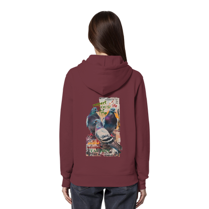 veganer unisex Hoodie / Kapuzenpulli - "respect our life - Tauben" - Bio-Baumwolle - vegwear