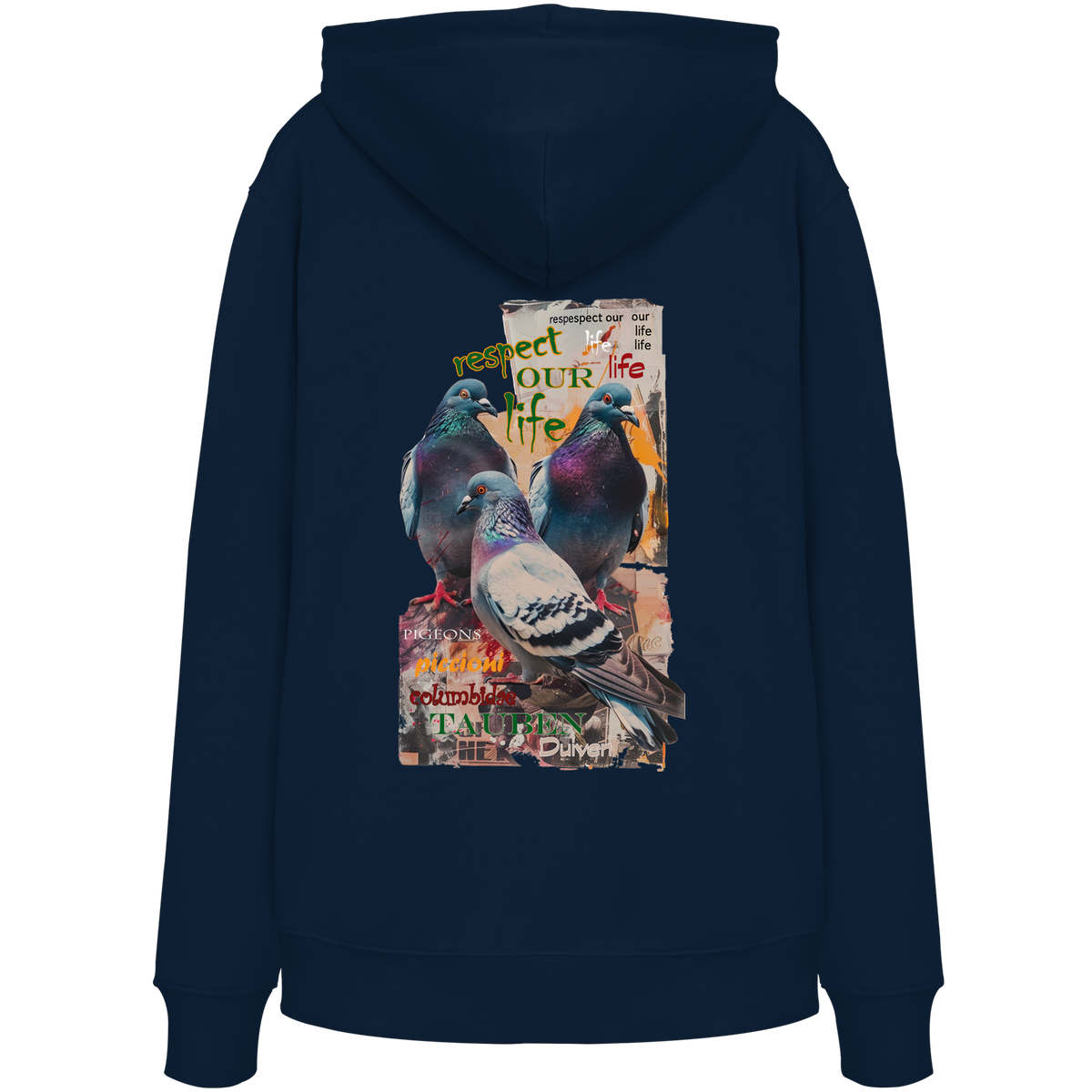 veganer unisex Hoodie / Kapuzenpulli - "respect our life - Tauben" - Bio-Baumwolle - vegwear