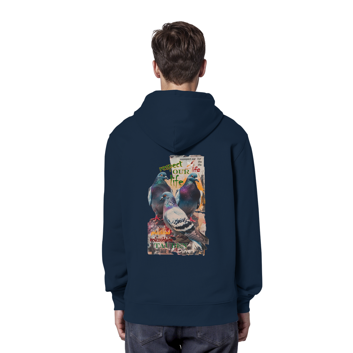 veganer unisex Hoodie / Kapuzenpulli - "respect our life - Tauben" - Bio-Baumwolle - vegwear