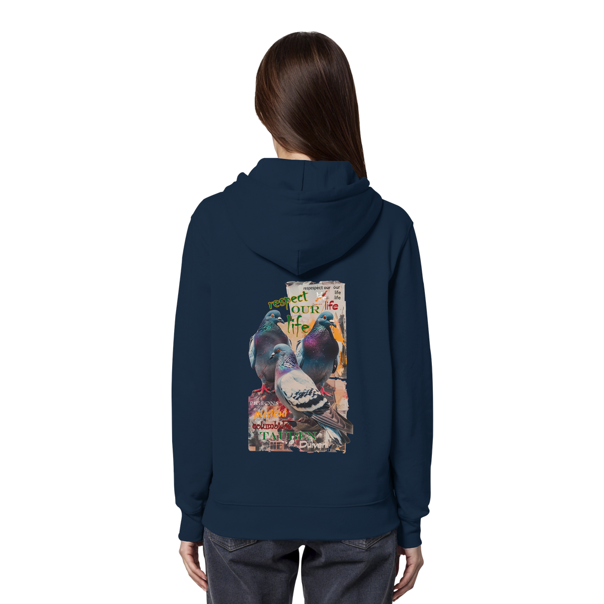 veganer unisex Hoodie / Kapuzenpulli - "respect our life - Tauben" - Bio-Baumwolle - vegwear