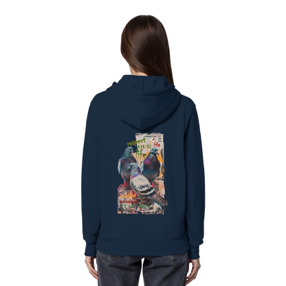 veganer unisex Hoodie / Kapuzenpulli - "respect our life - Tauben" - Bio-Baumwolle - vegwear
