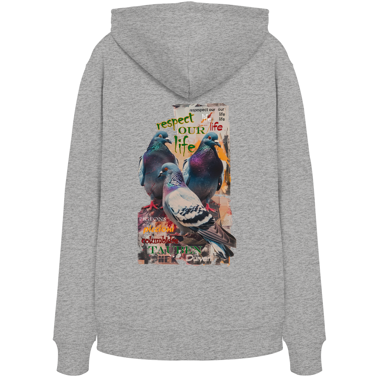 veganer unisex Hoodie / Kapuzenpulli - "respect our life - Tauben" - Bio-Baumwolle - vegwear