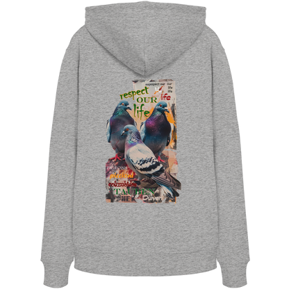 veganer unisex Hoodie / Kapuzenpulli - "respect our life - Tauben" - Bio-Baumwolle - vegwear