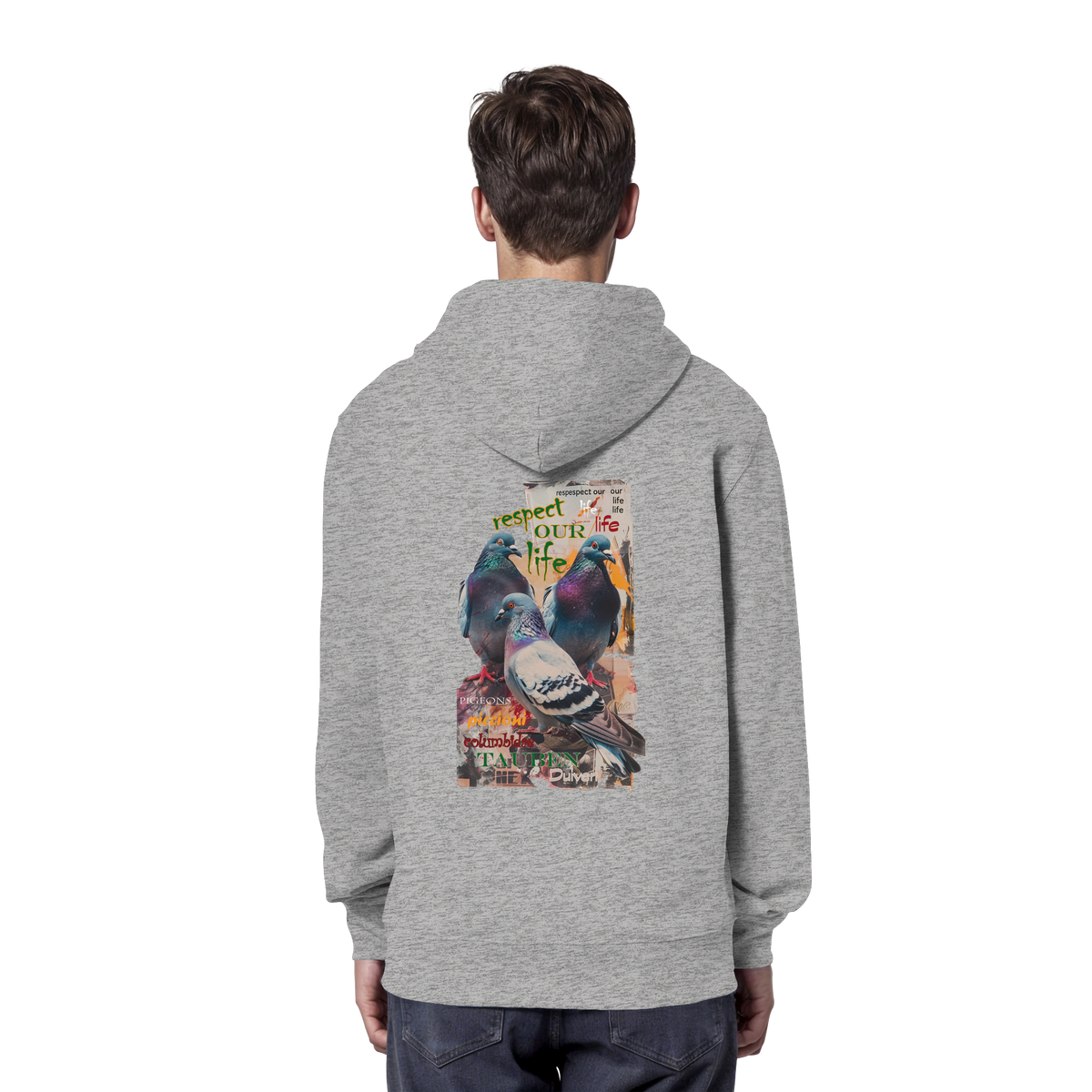veganer unisex Hoodie / Kapuzenpulli - "respect our life - Tauben" - Bio-Baumwolle - vegwear