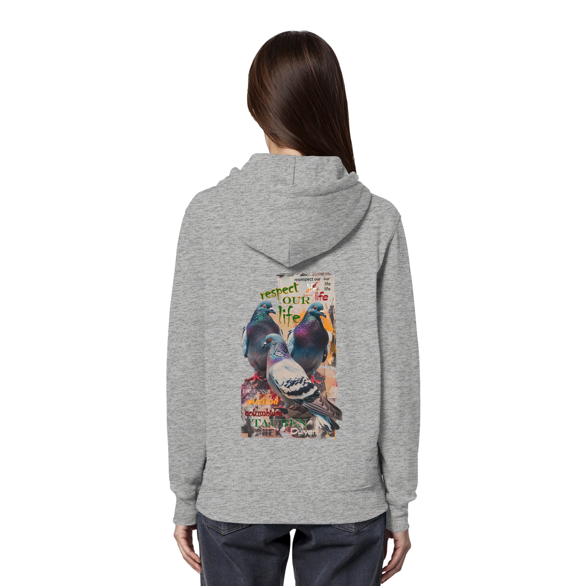 veganer unisex Hoodie / Kapuzenpulli - "respect our life - Tauben" - Bio-Baumwolle - vegwear