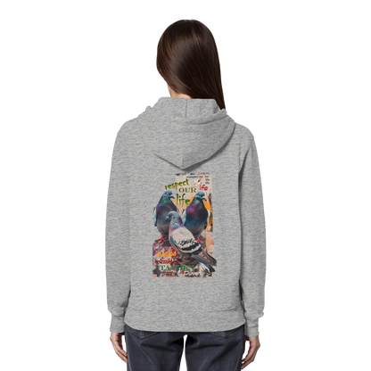 veganer unisex Hoodie / Kapuzenpulli - "respect our life - Tauben" - Bio-Baumwolle - vegwear