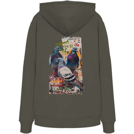 veganer unisex Hoodie / Kapuzenpulli - "respect our life - Tauben" - Bio-Baumwolle - vegwear