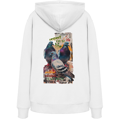 veganer unisex Hoodie / Kapuzenpulli - "respect our life - Tauben" - Bio-Baumwolle - vegwear