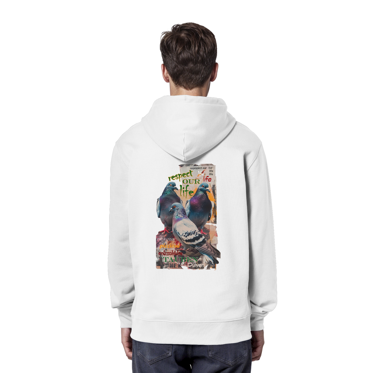 veganer unisex Hoodie / Kapuzenpulli - "respect our life - Tauben" - Bio-Baumwolle - vegwear