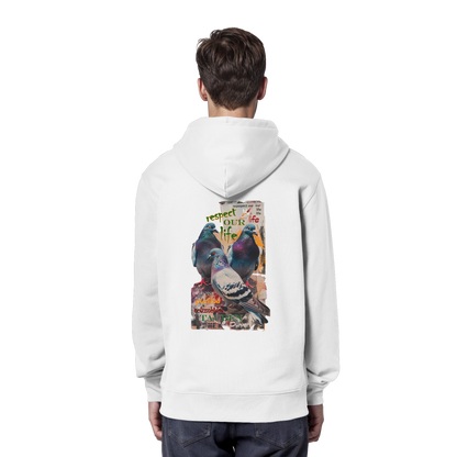 veganer unisex Hoodie / Kapuzenpulli - "respect our life - Tauben" - Bio-Baumwolle - vegwear
