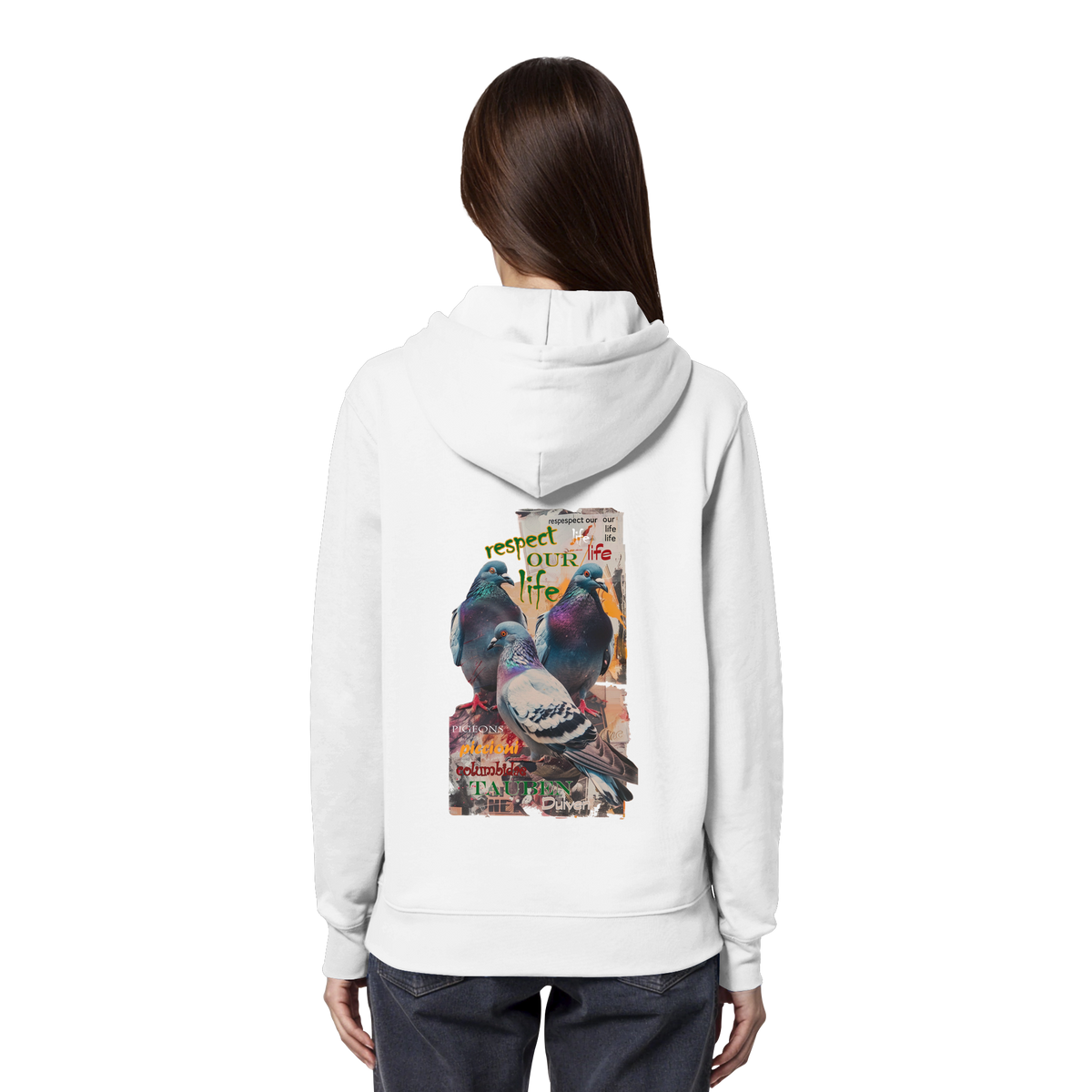 veganer unisex Hoodie / Kapuzenpulli - "respect our life - Tauben" - Bio-Baumwolle - vegwear