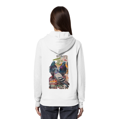 veganer unisex Hoodie / Kapuzenpulli - "respect our life - Tauben" - Bio-Baumwolle - vegwear