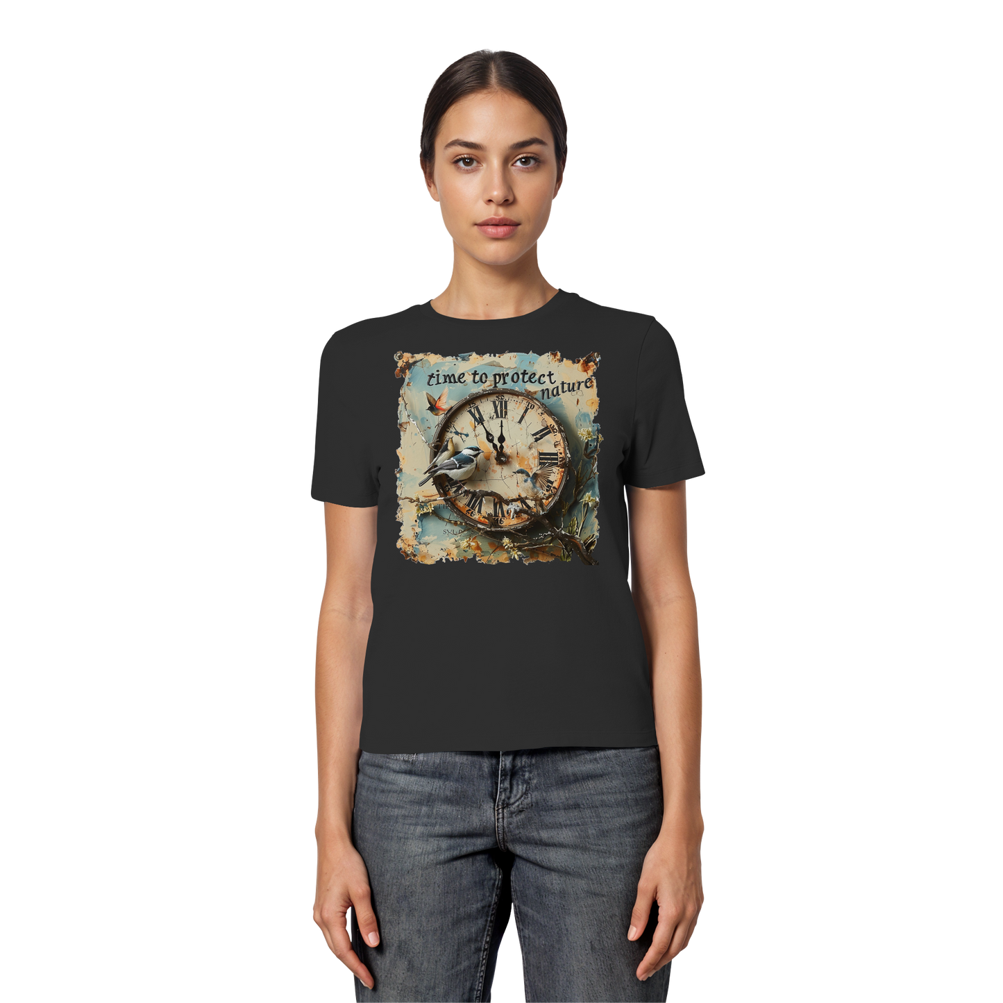vegwear "time to protect nature" - eng geschnittenes Damen T-Shirt, nachhaltige Mode