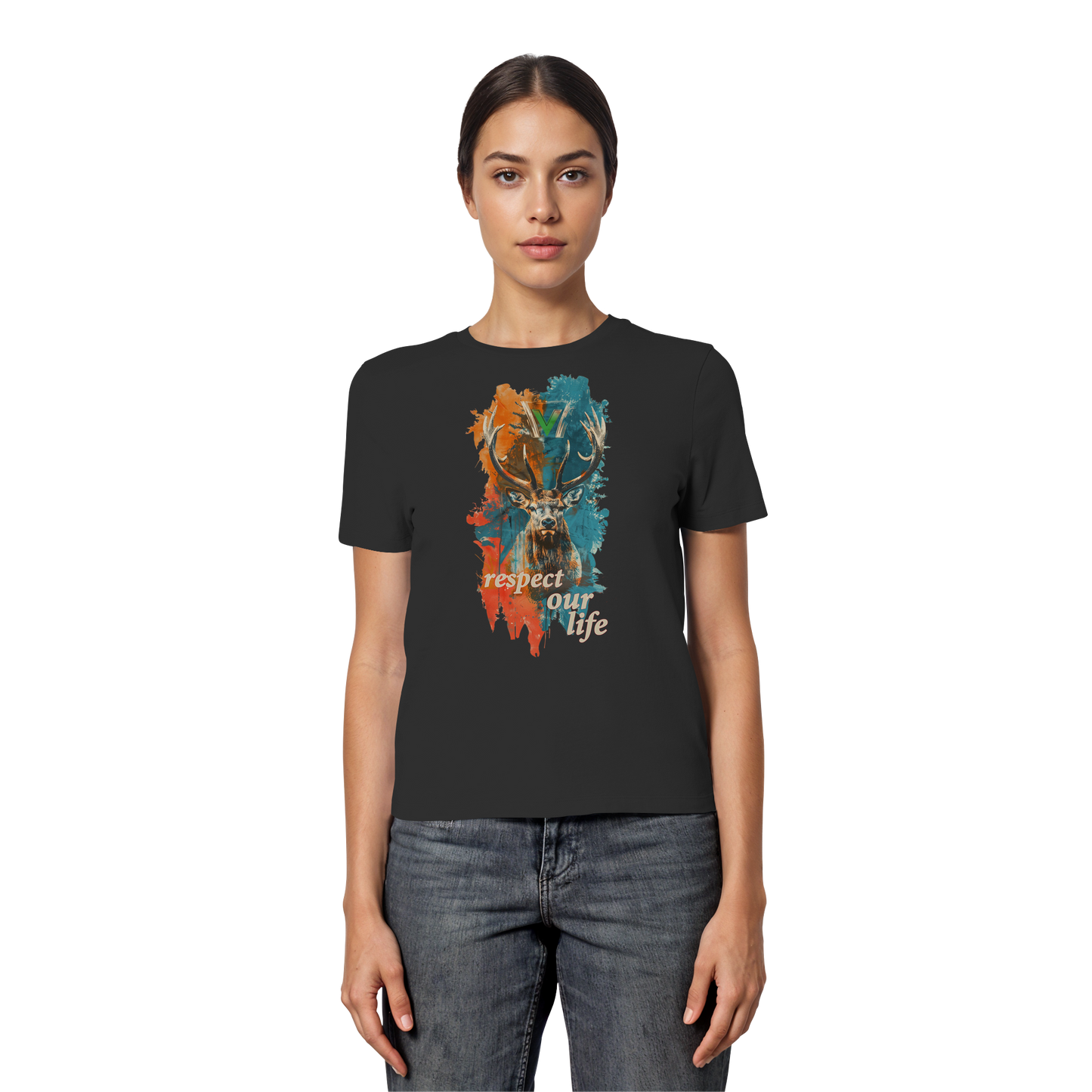 vegwear "respect our life - Hirsch" - eng geschnittenes Damen T-Shirt, bio, vegan, fair