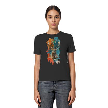 vegwear "respect our life - Hirsch" - eng geschnittenes Damen T-Shirt, bio, vegan, fair