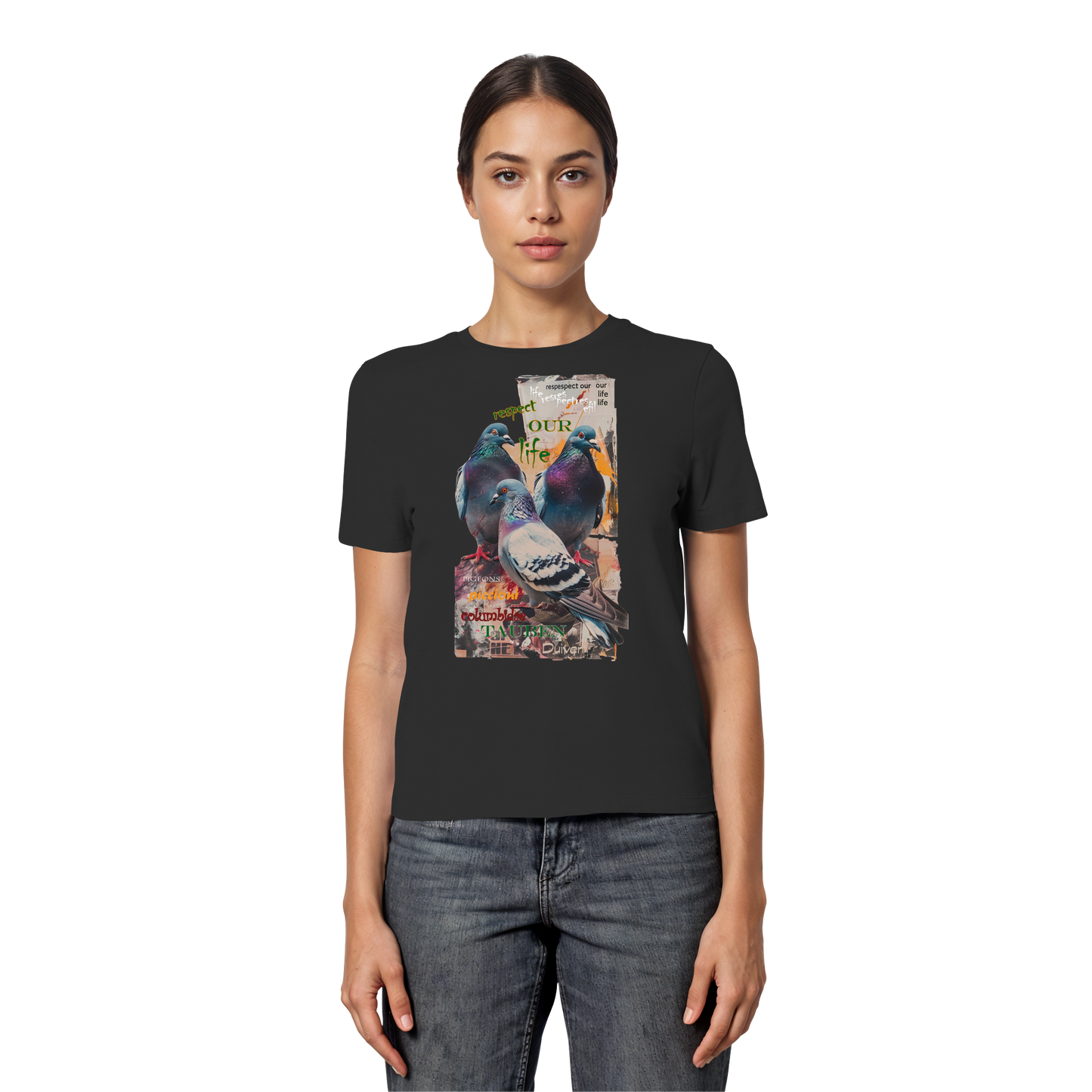 vegwear "respect our life - Tauben" - eng geschnittenes Damen Bio T-Shirt