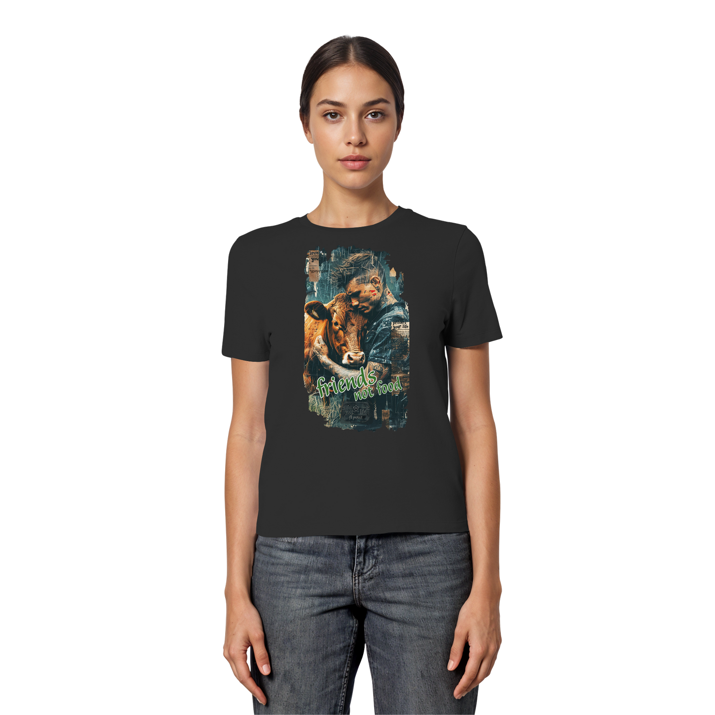 vegwear "friends not food" - eng geschnittenes Damen T-Shirt, bio, vegan